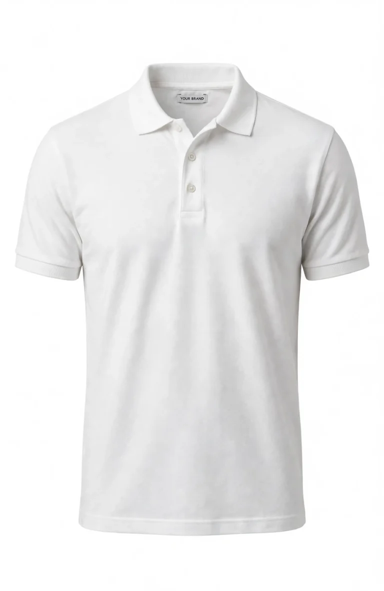 White polo shirt front view - mens cotton pique polo with 3-button placket - SiATEX Sourcing